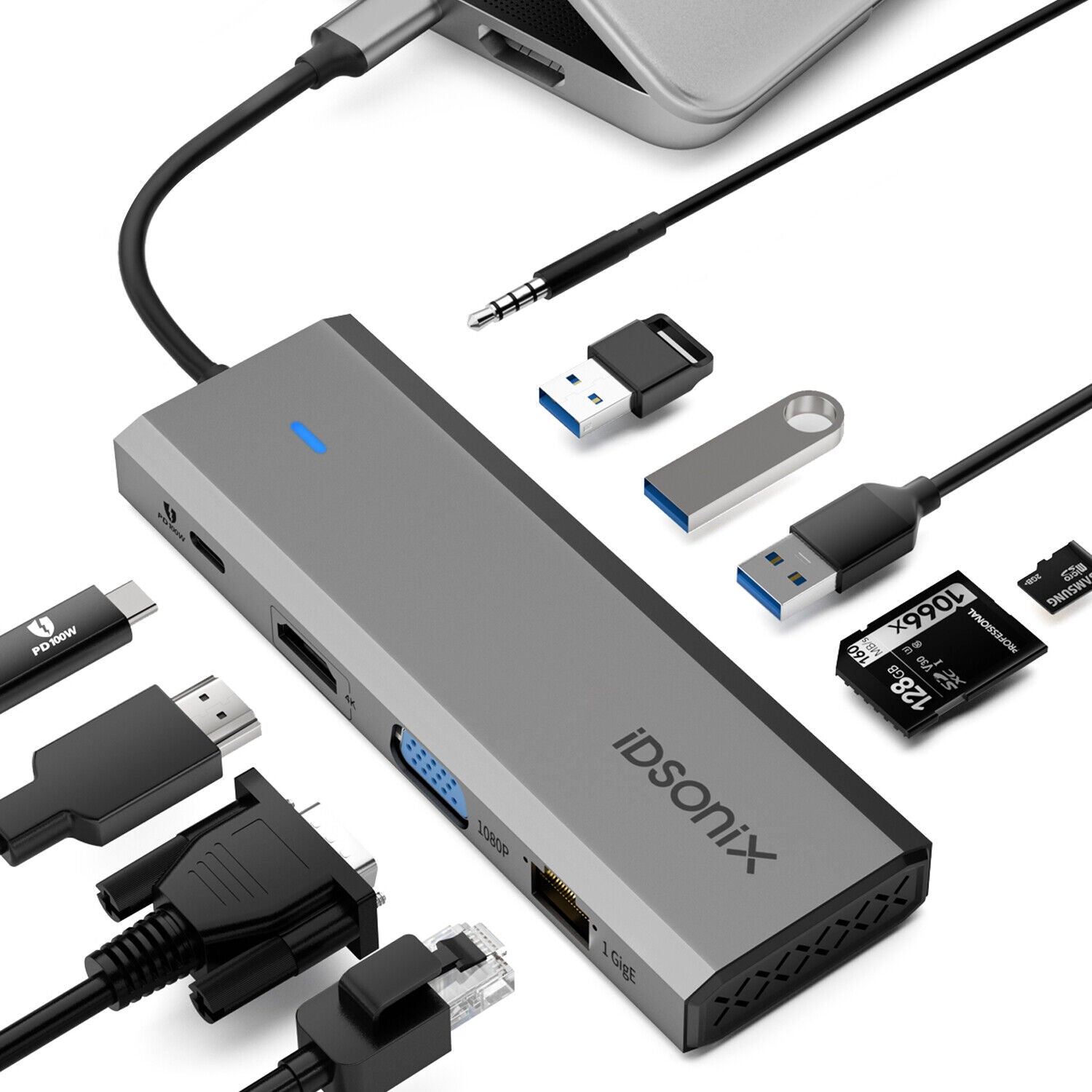 iDsonix 10 in 1 USB-C To USB 3.0 Hub 4K HDMI RJ45 Ethernet VGA SD TF PD Adapter