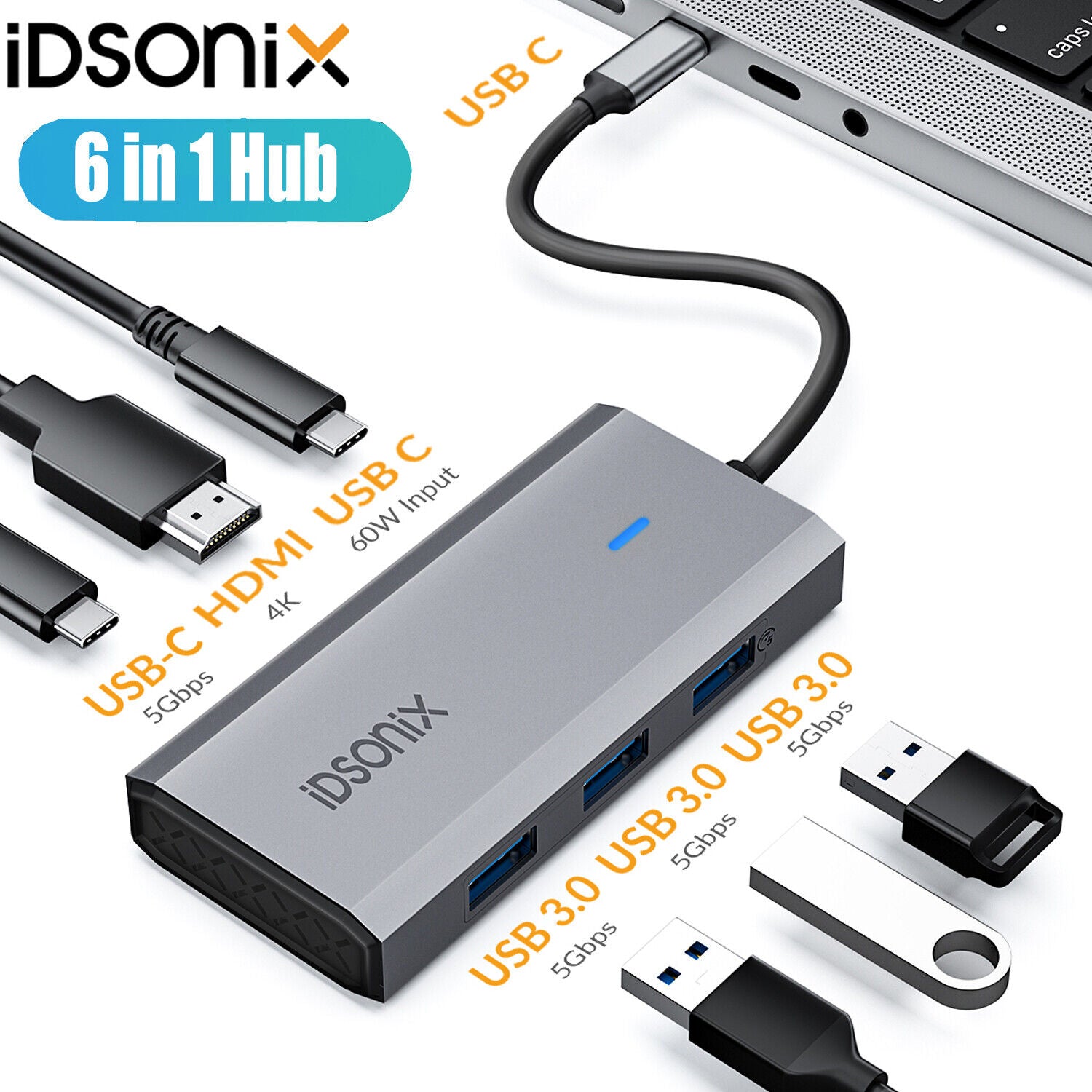IDSONIX 6 in 1 USB C HUB Type-C Multi USB Port 4K HDMI Adapter Dock PD 60W USB-C