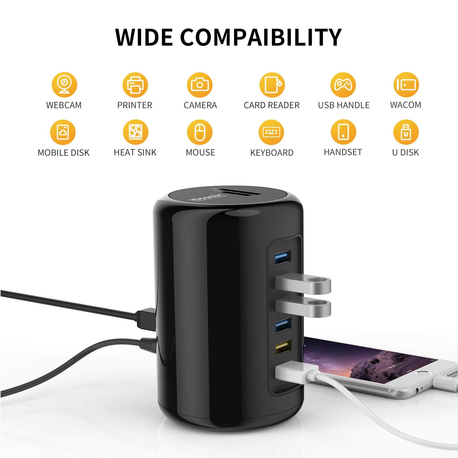 iDsonix USB 3.0 Hub, 12V/3A Powered Station 8 in 1 USB Charger Hub with 5V/2.4A BC1.2 Charging ports 5Gbps HighSpeed Data Transfer Ports and SD&TF Card Reader Combo for Laptop, Tablets,PC,and More