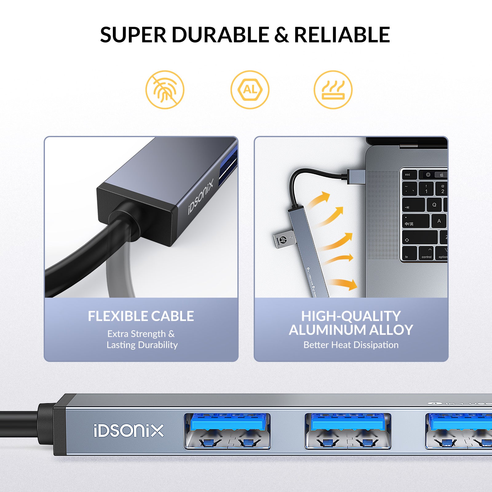 USB Hub, iDsonix 4 Port USB 3.0 Hub, Ultra-Slim Portable Data Hub Compatible with MacBook, Laptop, Surface Pro, PS4, PC, Flash Drive, Mobile HDD