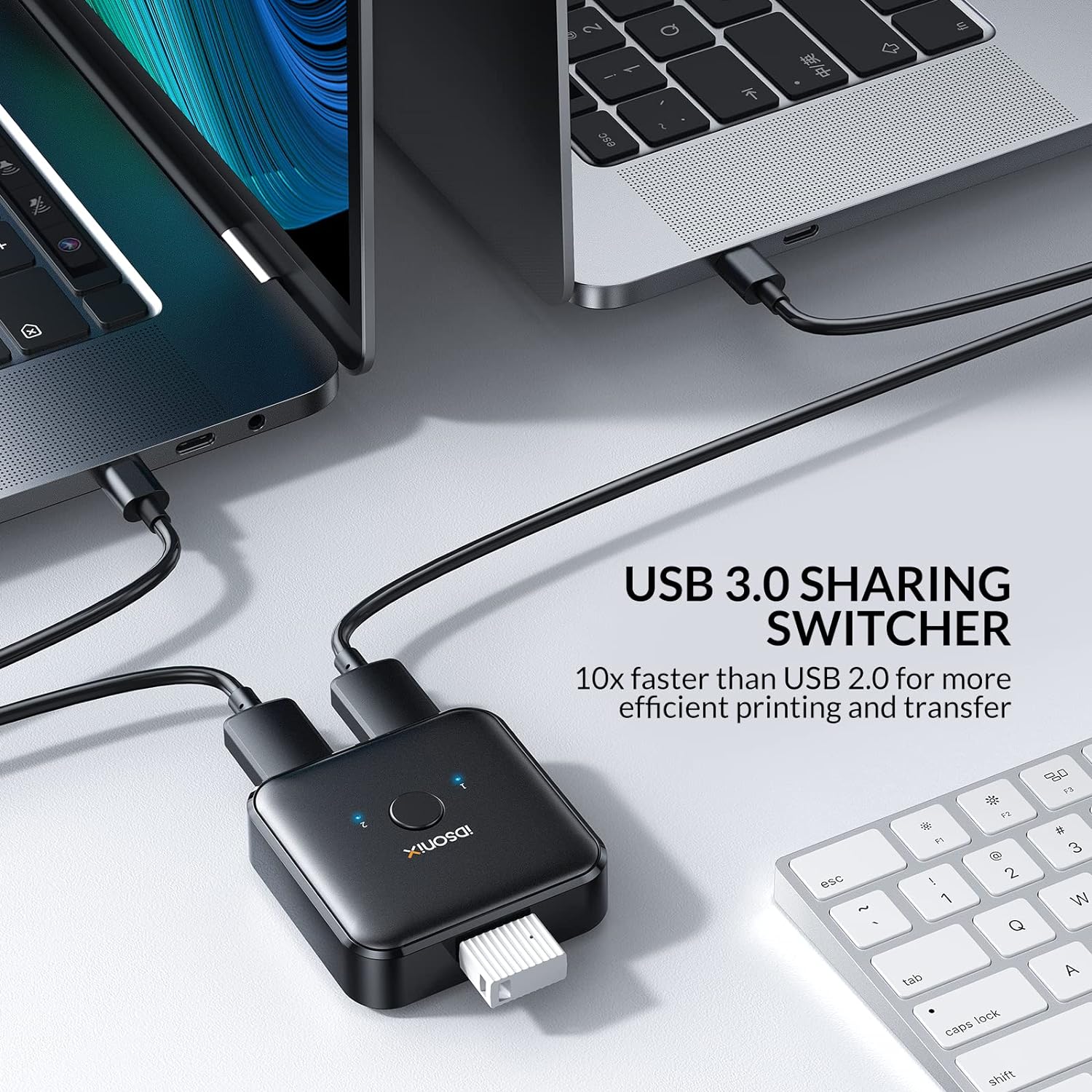 USB 3.0 Switch Selector,iDsonix USB Switcher 1 in 2 Out(2 in 1 Out) Bi-Directional,USB Switch 2 Computers Share 1 Device for Printer,Scanner,Keyboard, USB Sharing Switch with 2pcs A to A 3.3ft Cables