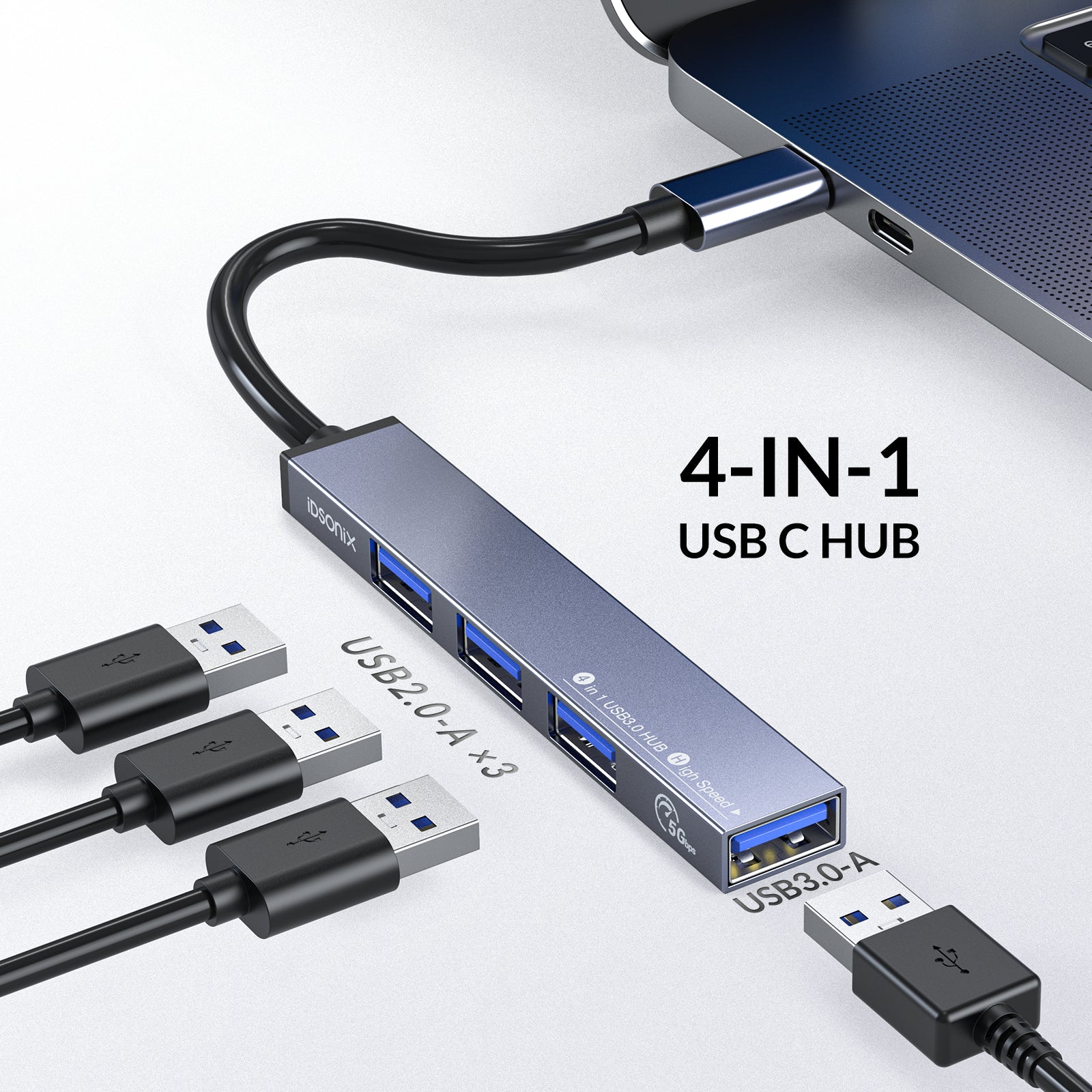 iDsonix USB Hub, Aluminum 4-Port PS4 USB 3.0 Data to USB Hub Adapter (Ultra-Slim) USB C Splitter for Laptop Compatible with PC,MacBook Air, Mac Pro/Mini, Surface Pro, Flash Drive, Mobile HDD and More