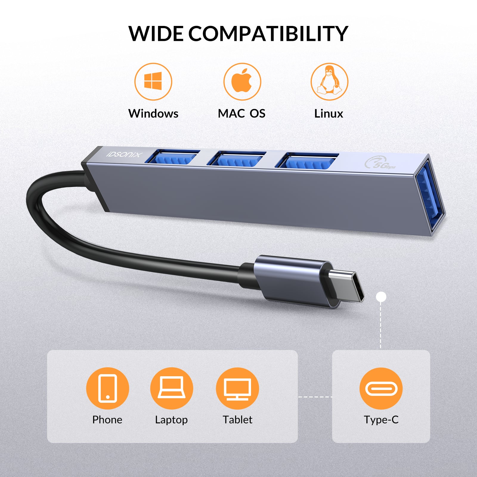 iDsonix USB Hub, Aluminum 4-Port PS4 USB 3.0 Data to USB Hub Adapter (Ultra-Slim) USB C Splitter for Laptop Compatible with PC,MacBook Air, Mac Pro/Mini, Surface Pro, Flash Drive, Mobile HDD and More